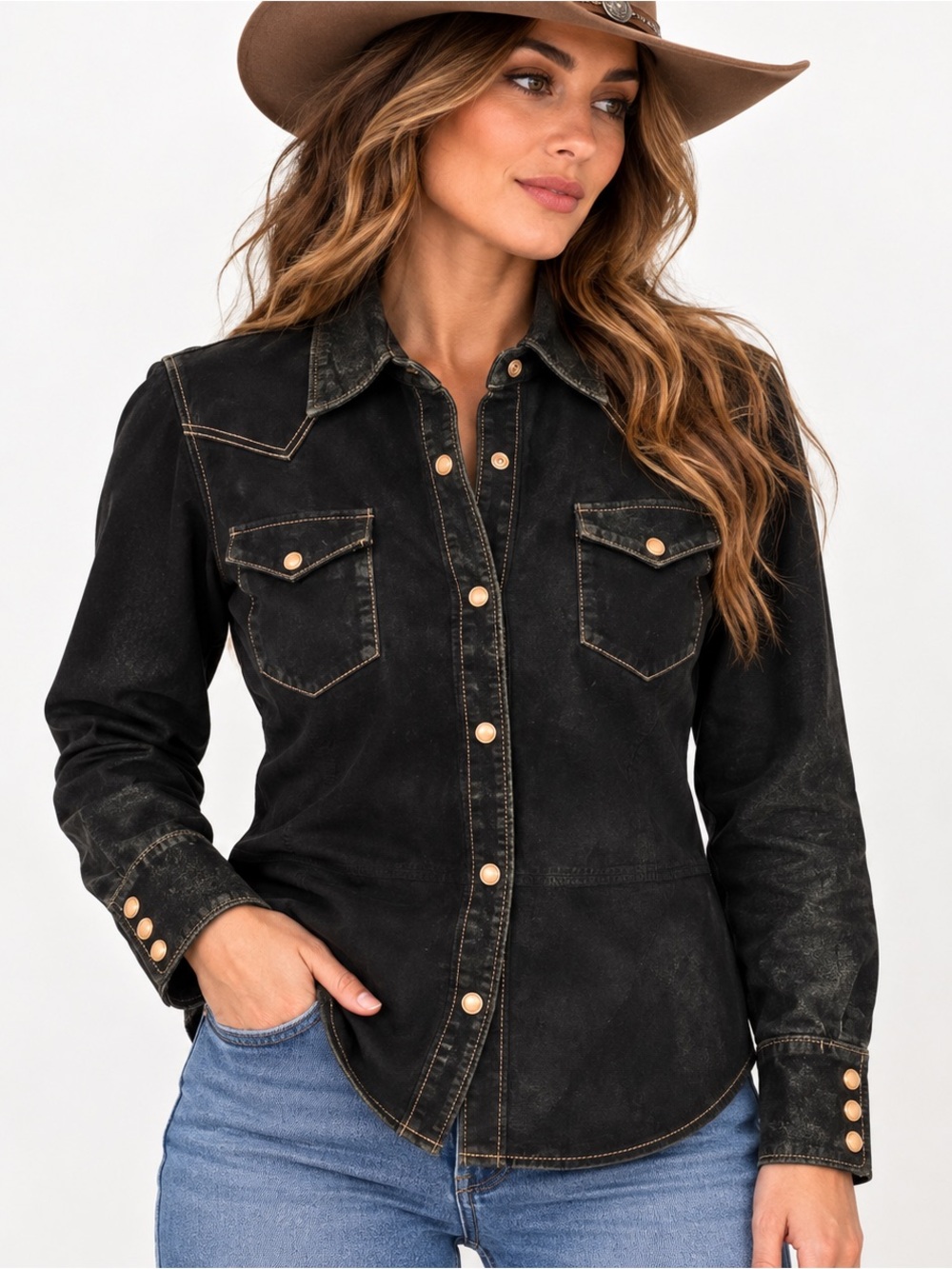 Vintage Willi Smith Black Distressed Leather Western Pearl Snap Cowgirl Shirt M